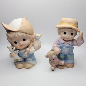 Vintage Homco Set of Boy Porcelain Figurines w Teddy Bear 1403 w Ducks 1418